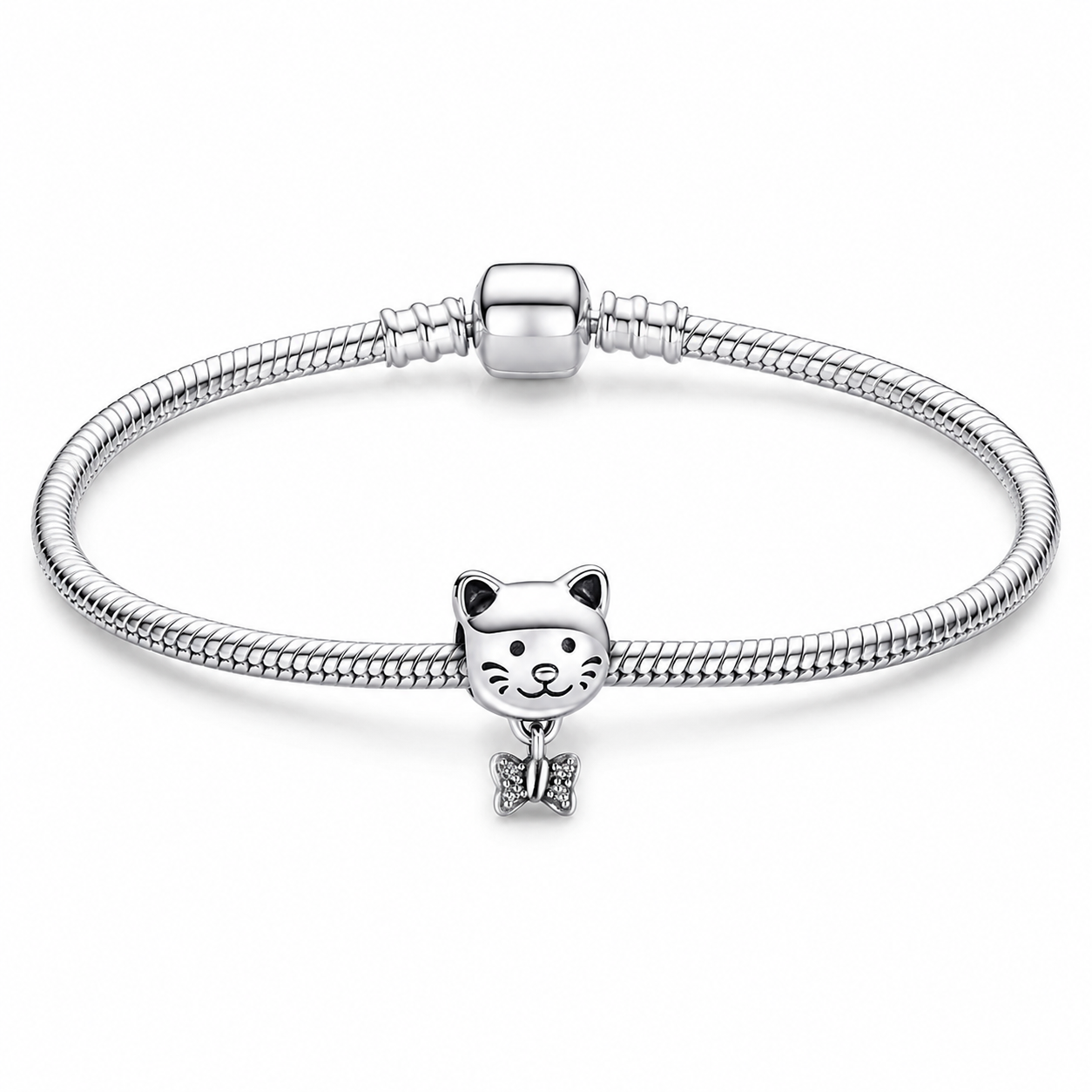 Silver Plated Cat Dangle Charm Bead Gift for Her Snake Chain Bracelet