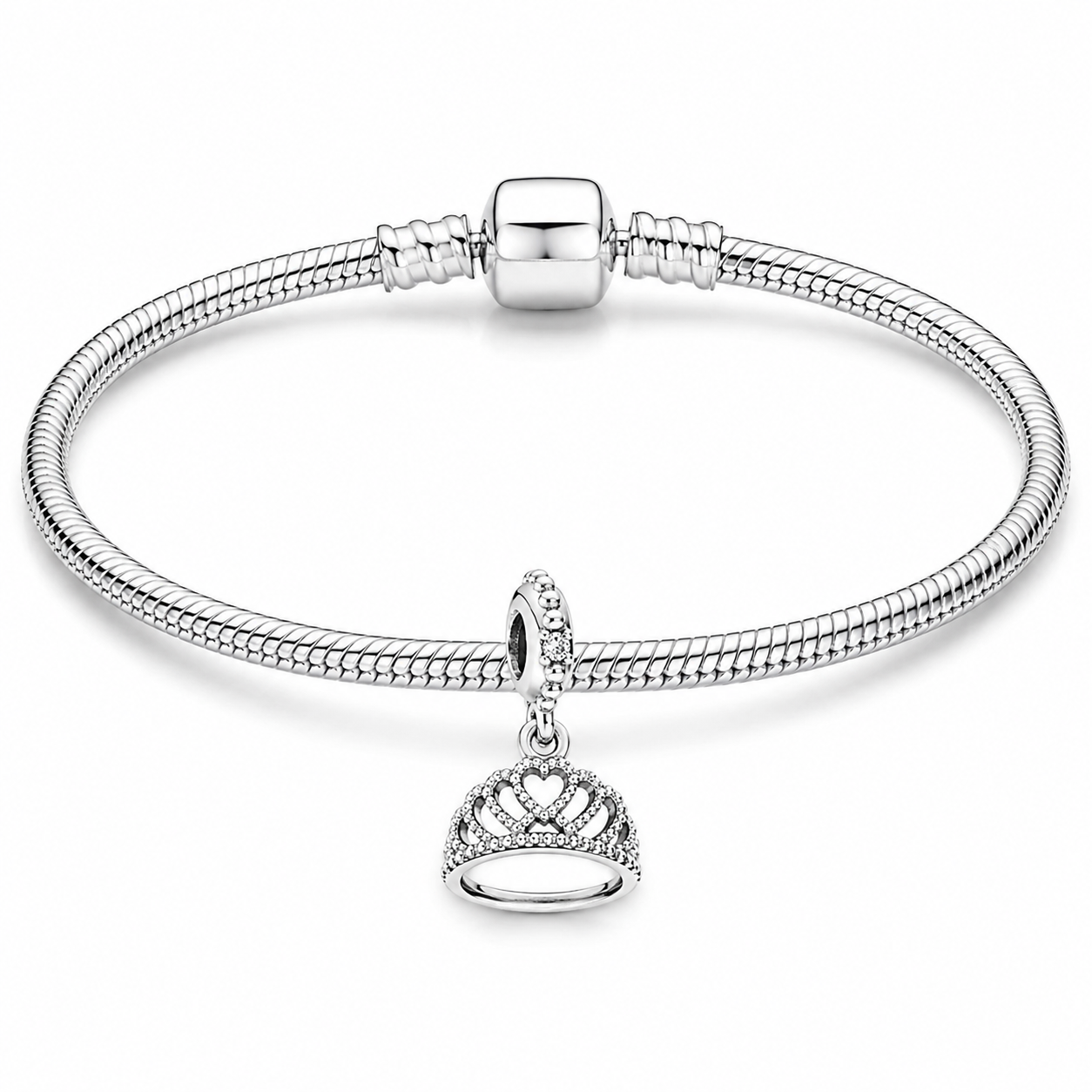 Silver Plated Princess Tiara Dangle Charm Bead Gift for Her Snake Chain Bracelet