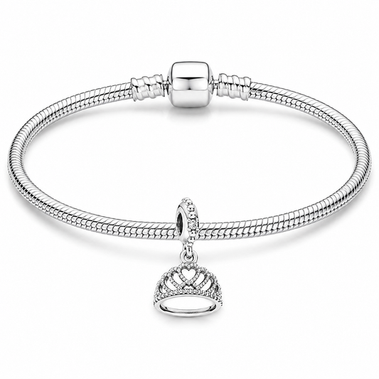 Silver Plated Princess Tiara Dangle Charm Bead Gift for Her Snake Chain Bracelet