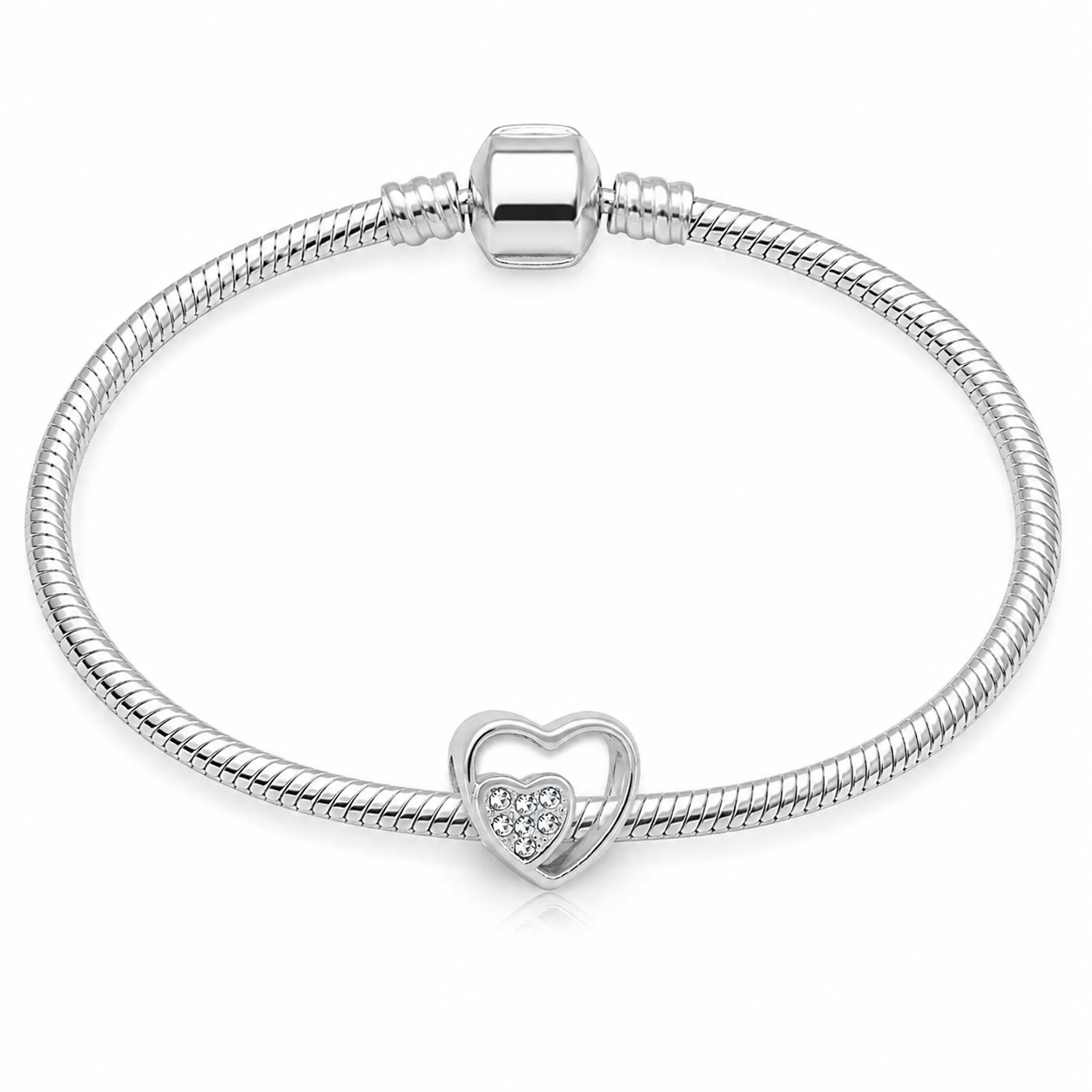 316L Stainless Steel Silver Open Heart Crystal Charm Bead Fits Snake Chain Bracelet Gift