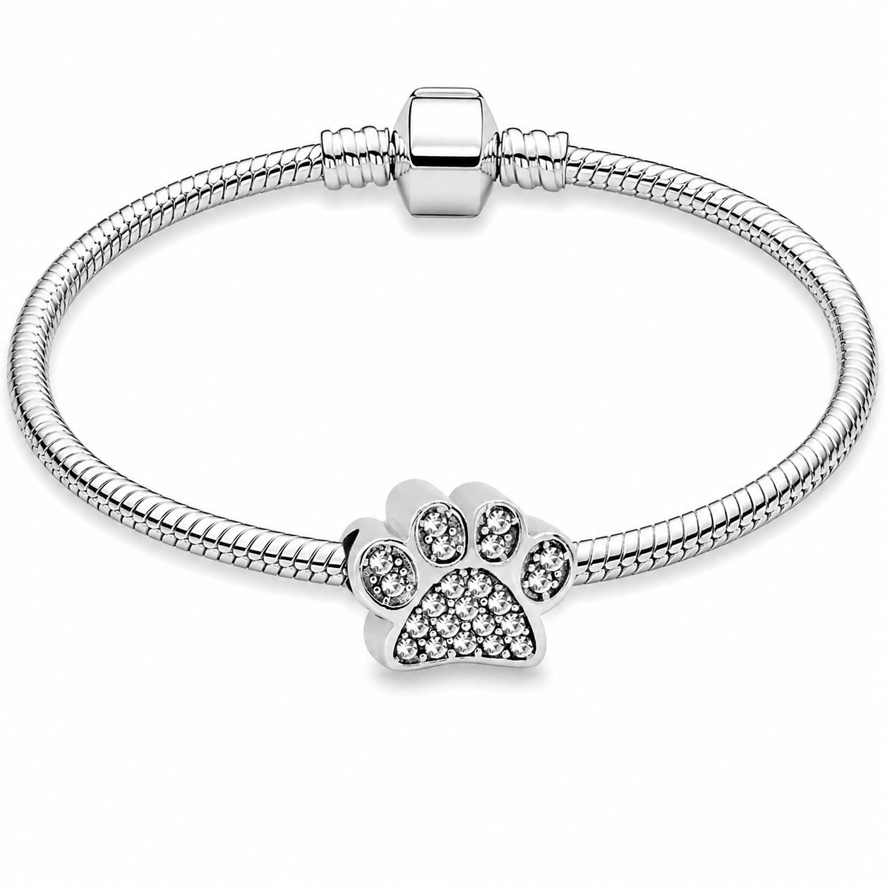 316L Stainless Steel Crystal Paw Print Charm Bead Fits Snake Chain Bracelet