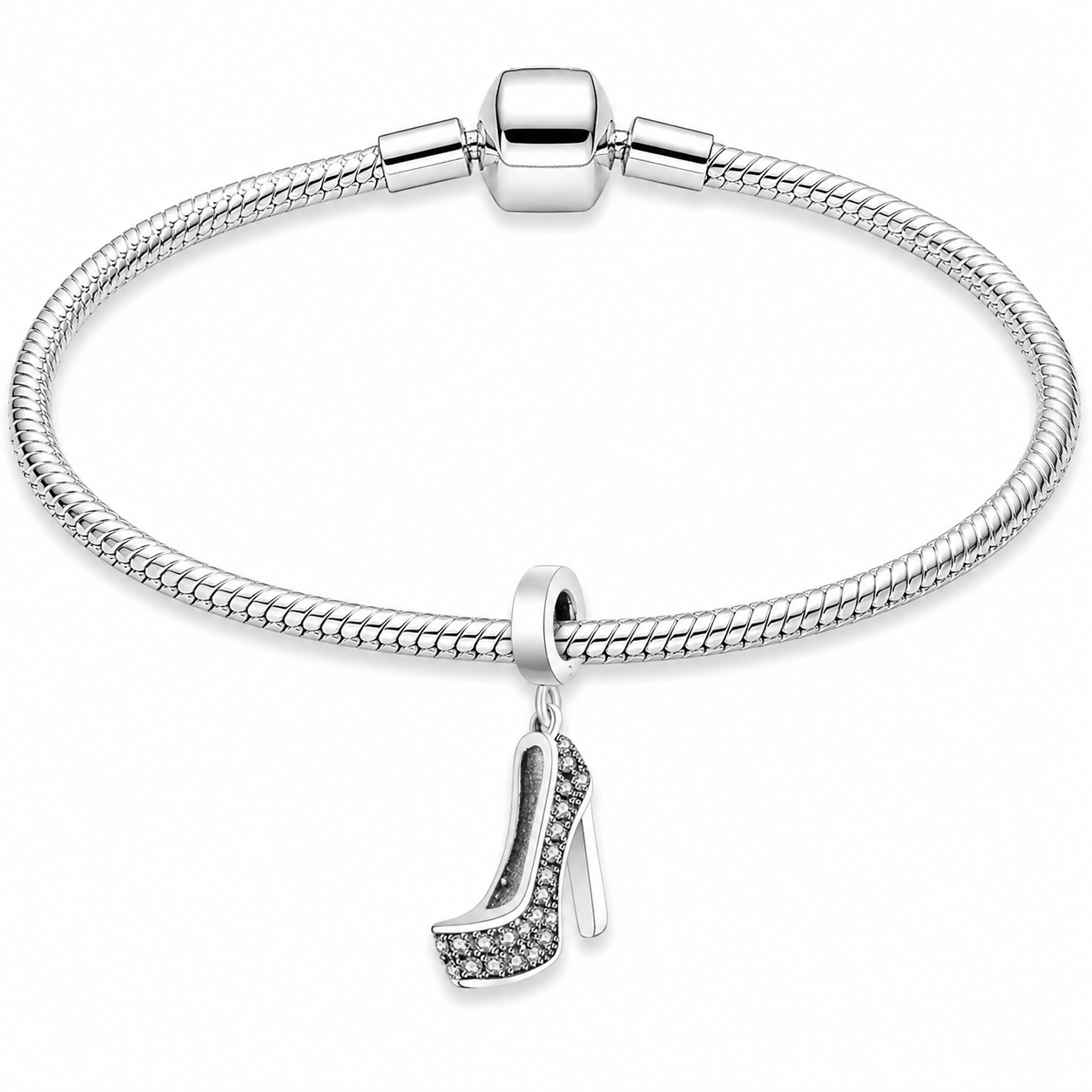 Silver Plated Princess Shoe Charm Snake Chain Bracelet Gift for Her Crystal UK