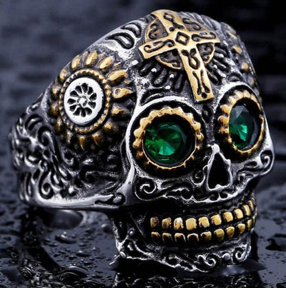 316L Stainless Steel Silver Sugar Skull Gem Ring Biker Jewellery