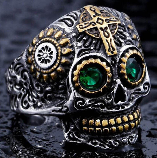 316L Stainless Steel Silver Sugar Skull Gem Ring Biker Jewellery