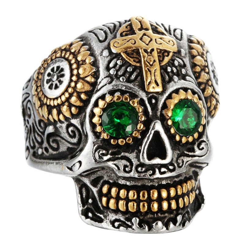 316L Stainless Steel Silver Sugar Skull Gem Ring Biker Jewellery