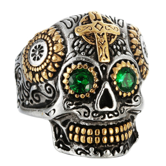 316L Stainless Steel Silver Sugar Skull Gem Ring Biker Jewellery