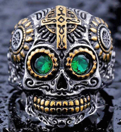 316L Stainless Steel Silver Sugar Skull Gem Ring Biker Jewellery