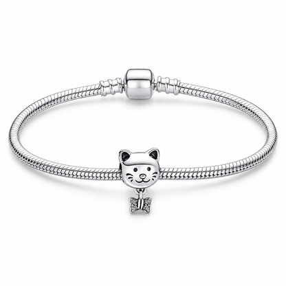 Silver Plated Cat Dangle Charm Bead Gift for Her Snake Chain Bracelet