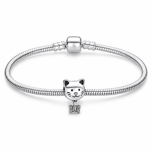 Silver Plated Cat Dangle Charm Bead Gift for Her Snake Chain Bracelet