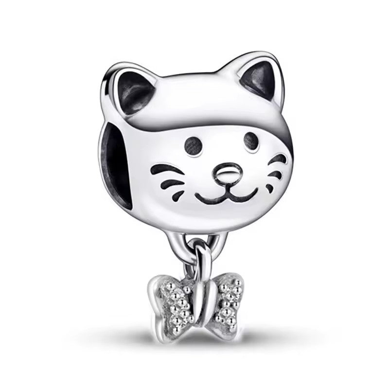 Silver Plated Cat Dangle Charm Bead Gift for Her Snake Chain Bracelet