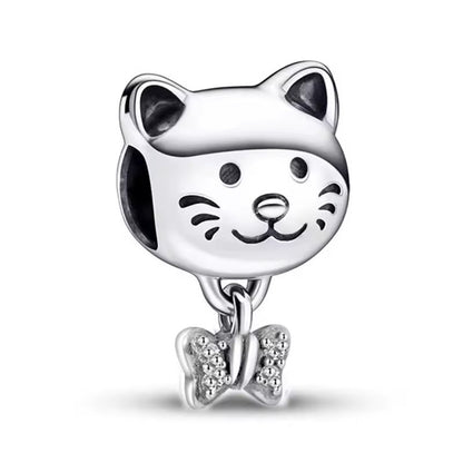 Silver Plated Cat Dangle Charm Bead Gift for Her Snake Chain Bracelet