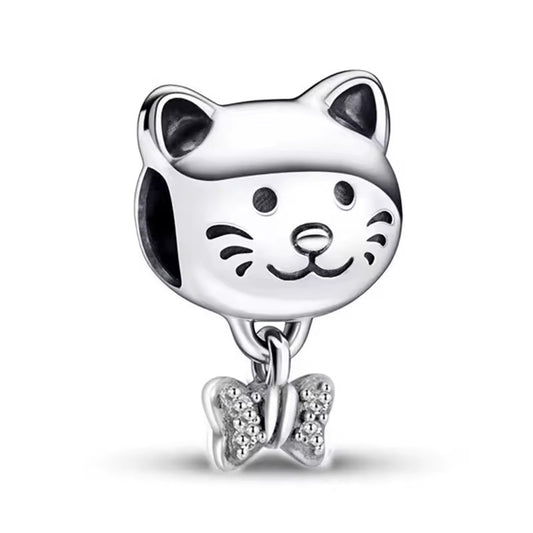 Silver Plated Cat Dangle Charm Bead Gift for Her Snake Chain Bracelet