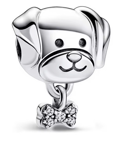 Silver Plated Dog & Crystal Bow Tie Bracelet Dangle Charm Gift for Dog Lovers