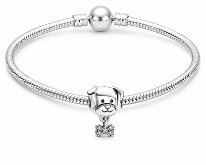Silver Plated Dog & Crystal Bow Tie Bracelet Dangle Charm Gift for Dog Lovers