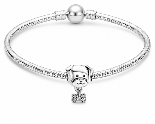 Silver Plated Dog & Crystal Bow Tie Bracelet Dangle Charm Gift for Dog Lovers