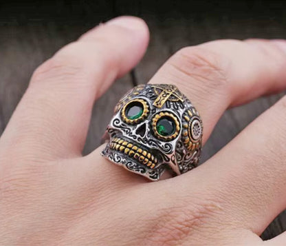 316L Stainless Steel Silver Sugar Skull Gem Ring Biker Jewellery