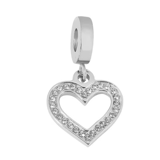 316L Stainless Steel Crystal Open Heart Dangle Charm Fits Snake Chain Bracelet