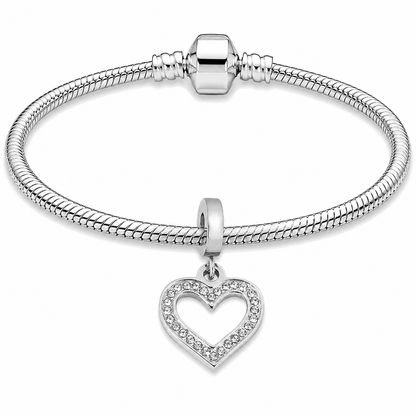 316L Stainless Steel Crystal Open Heart Dangle Charm Fits Snake Chain Bracelet