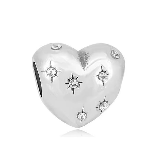 316L Stainless Steel Silver Crystal Heart Charm Bead Fits Snake Chain Bracelet Gift for Her