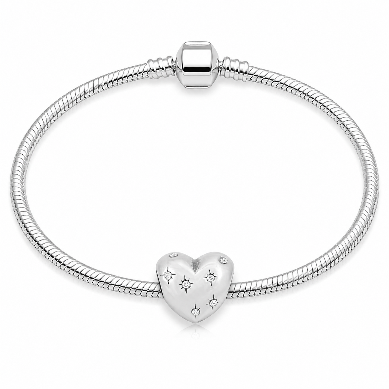 316L Stainless Steel Silver Crystal Heart Charm Bead Fits Snake Chain Bracelet Gift for Her