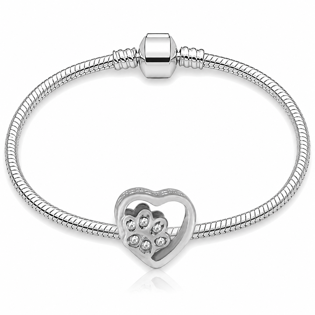 316L Stainless Steel Crystal Paw Print Heart Charm Fits Snake Chain Bracelet