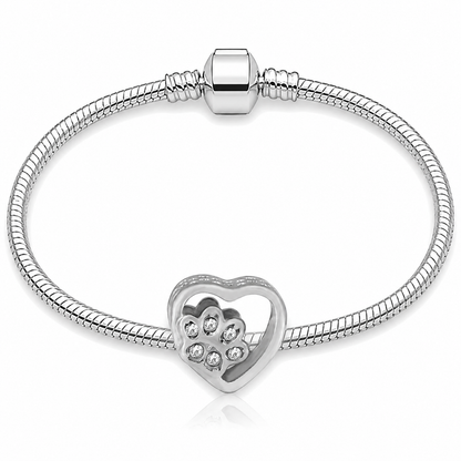 316L Stainless Steel Crystal Paw Print Heart Charm Fits Snake Chain Bracelet