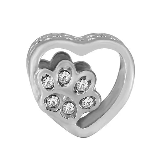 316L Stainless Steel Crystal Paw Print Heart Charm Fits Snake Chain Bracelet