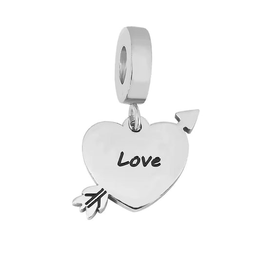 316L Stainless Steel Love Heart Arrow Dangle Charm Fits Snake Chain Bracelet