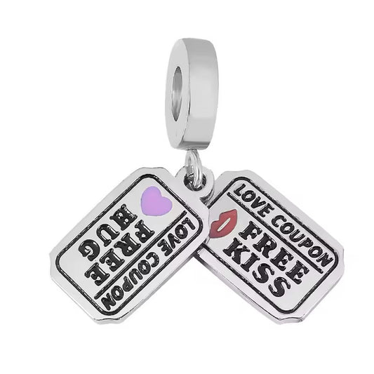 316L Stainless Steel Love Coupon Free Hug Kiss Dangle Charm Bracelet Bead