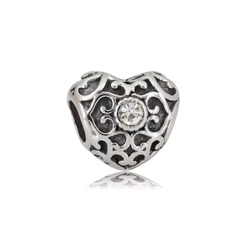 316L Stainless Steel Crystal Filigree Heart Charm Fits Snake Chain Bracelet