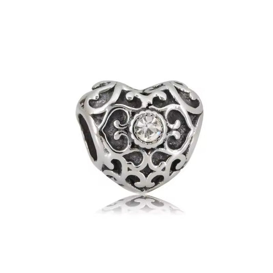 316L Stainless Steel Crystal Filigree Heart Charm Fits Snake Chain Bracelet