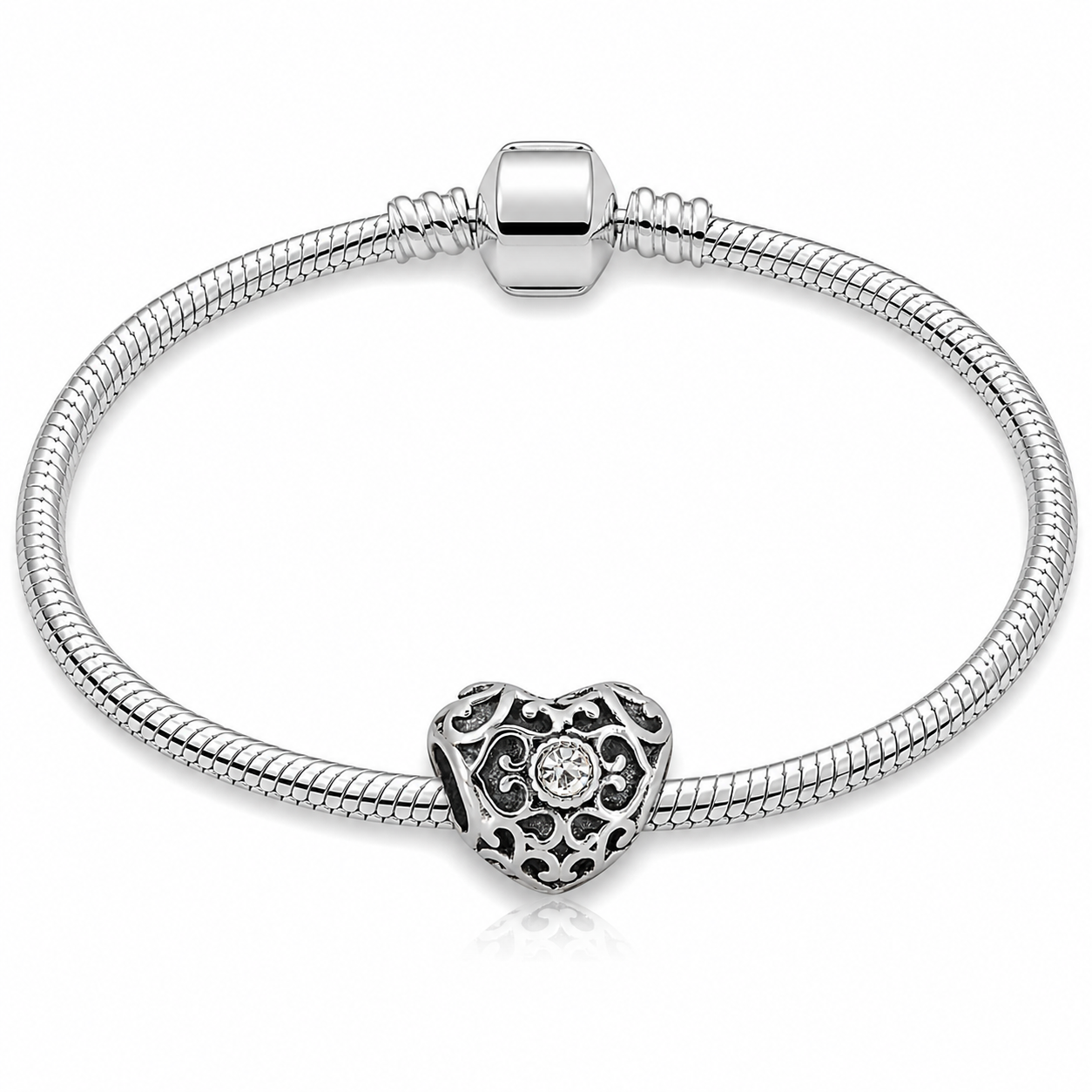 316L Stainless Steel Crystal Filigree Heart Charm Fits Snake Chain Bracelet