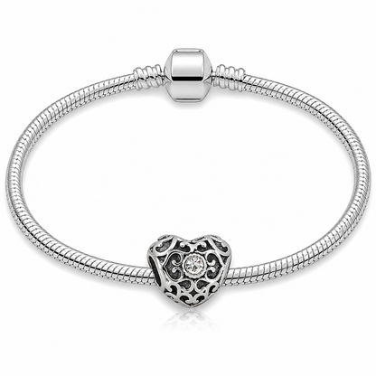316L Stainless Steel Crystal Filigree Heart Charm Fits Snake Chain Bracelet