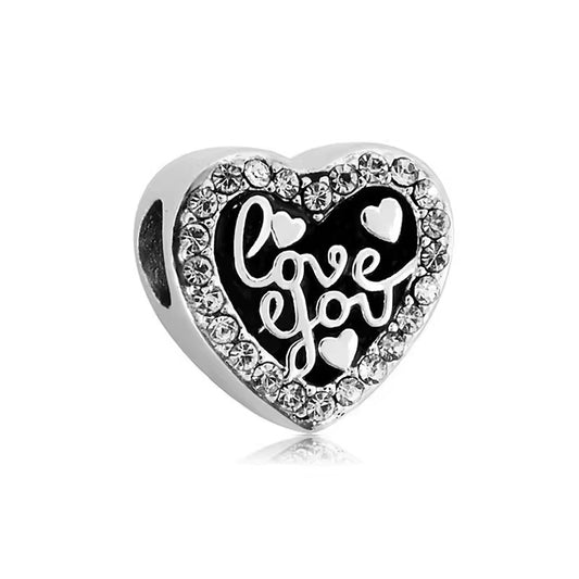 316L Stainless Steel Crystal Love You Heart Charm Fits Snake Chain Bracelet