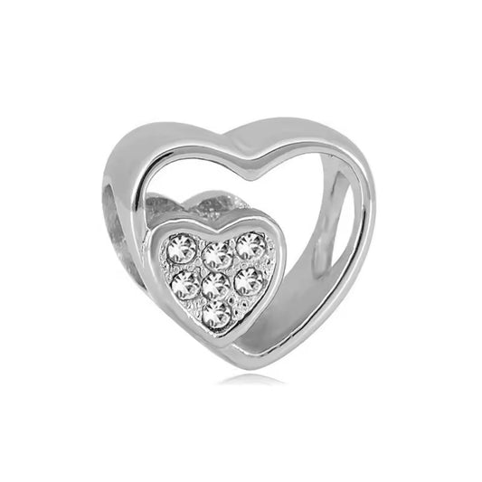 316L Stainless Steel Silver Open Heart Crystal Charm Bead Fits Snake Chain Bracelet Gift