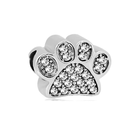 316L Stainless Steel Crystal Paw Print Charm Bead Fits Snake Chain Bracelet