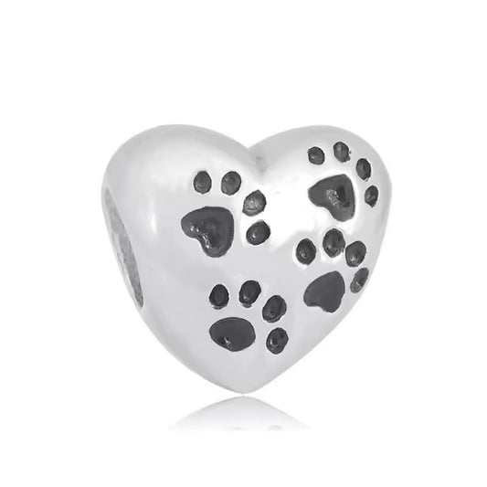316L Stainless Steel Paw Print Heart Charm Bead Fits Snake Chain Bracelet