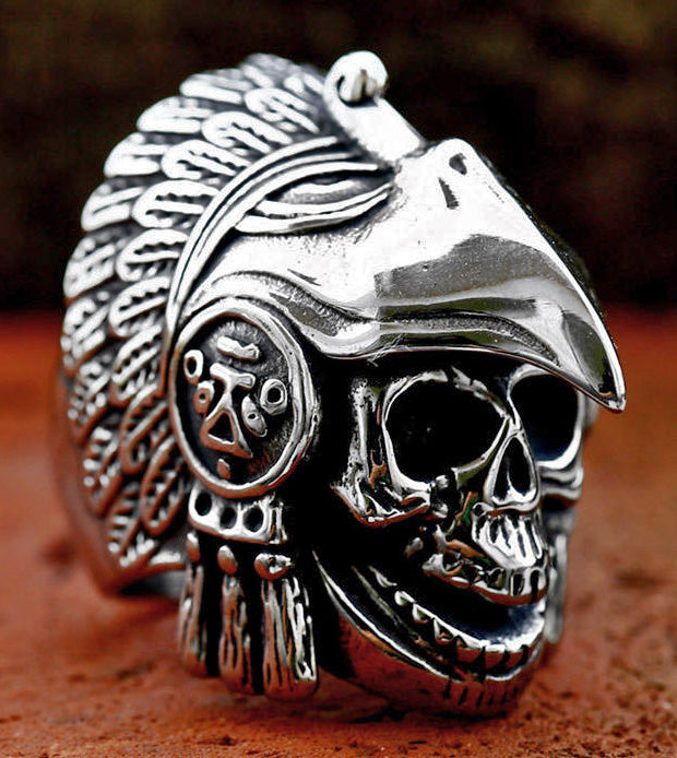 Stainless Steel Skull Native American Indian Biker Rock Ring