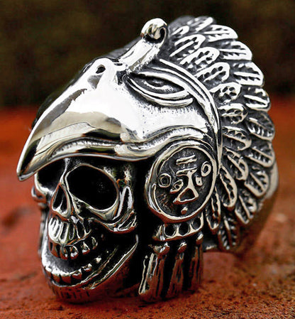 Stainless Steel Skull Native American Indian Biker Rock Ring