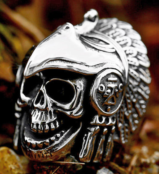 Stainless Steel Skull Native American Indian Biker Rock Ring