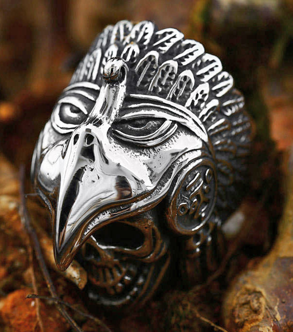 Stainless Steel Skull Native American Indian Biker Rock Ring